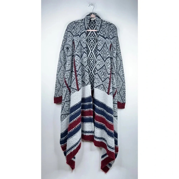 Sleeping On Snow Cardigan Open Front Waterfall Gray Blue Red Long Wool Blend - Picture 1 of 14